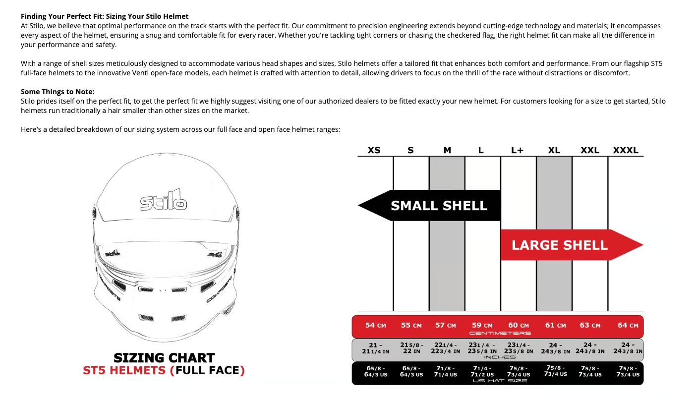 Stilo Helmet Sizing Chart